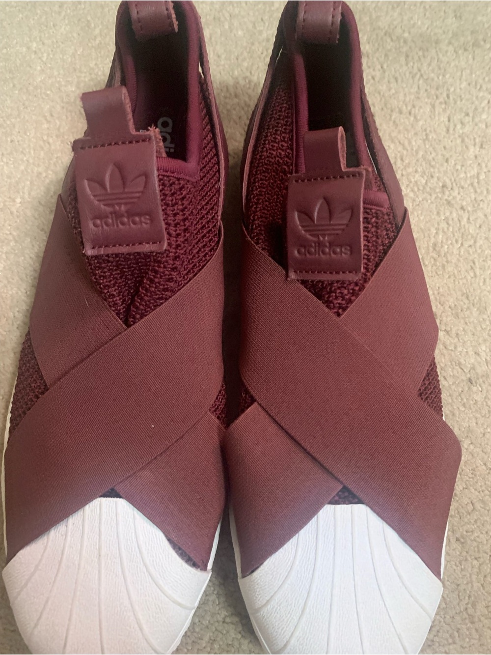 Adidas Superstar Burgundy Slip-On Knit Sneakers with White Shell Toe